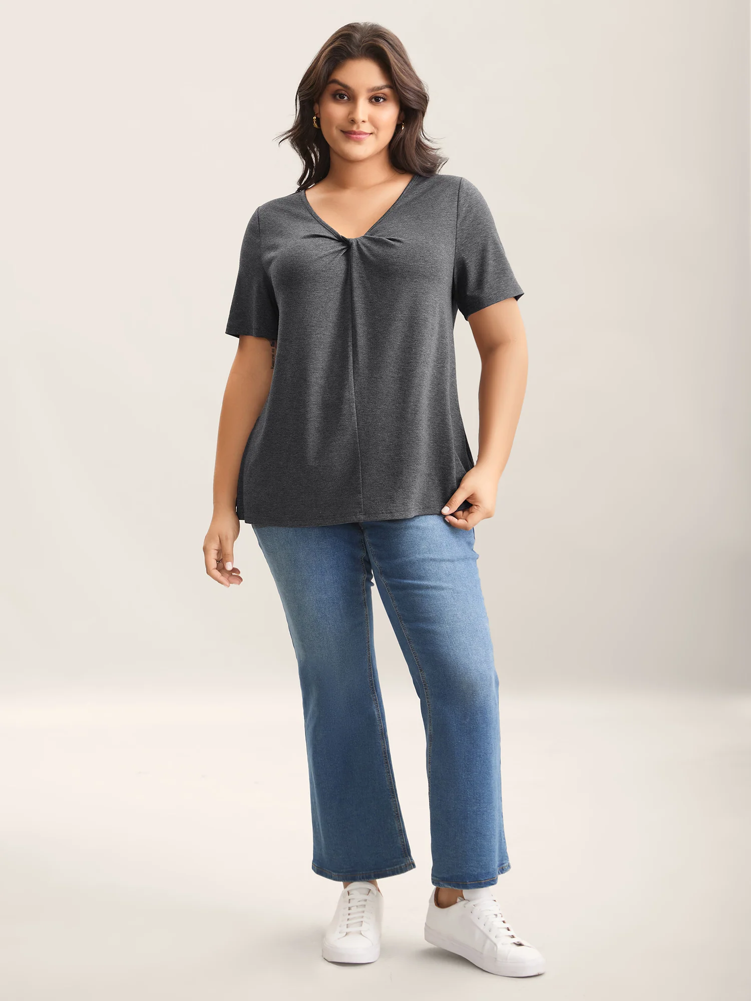 Supersoft Cinched Neck Plain T-Shirt - Image 3