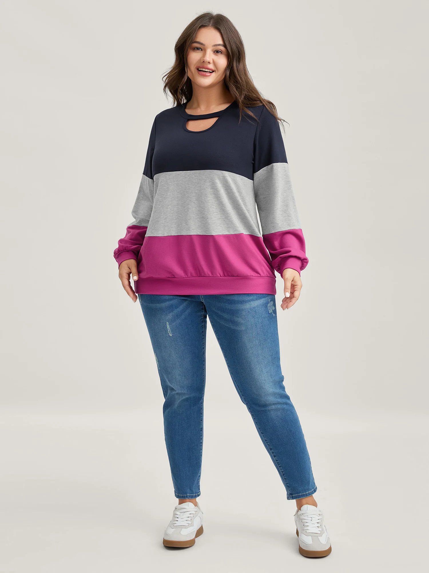 Supersoft Color Block Neck Cut-Out Sweatshirt - Image 2