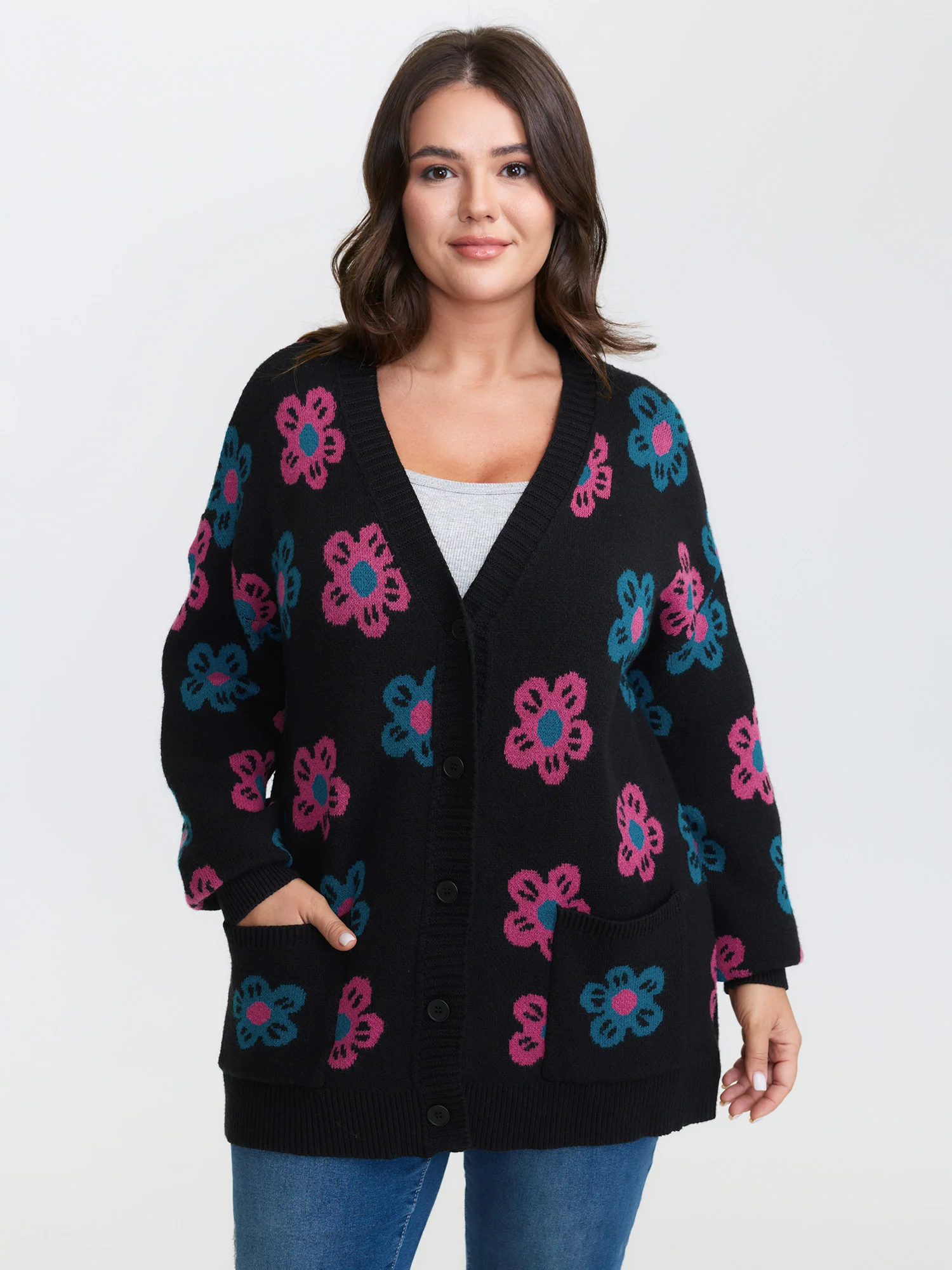 Supersoft Colorful Floral Drop Shoulder Knit Cardigan - Image 2