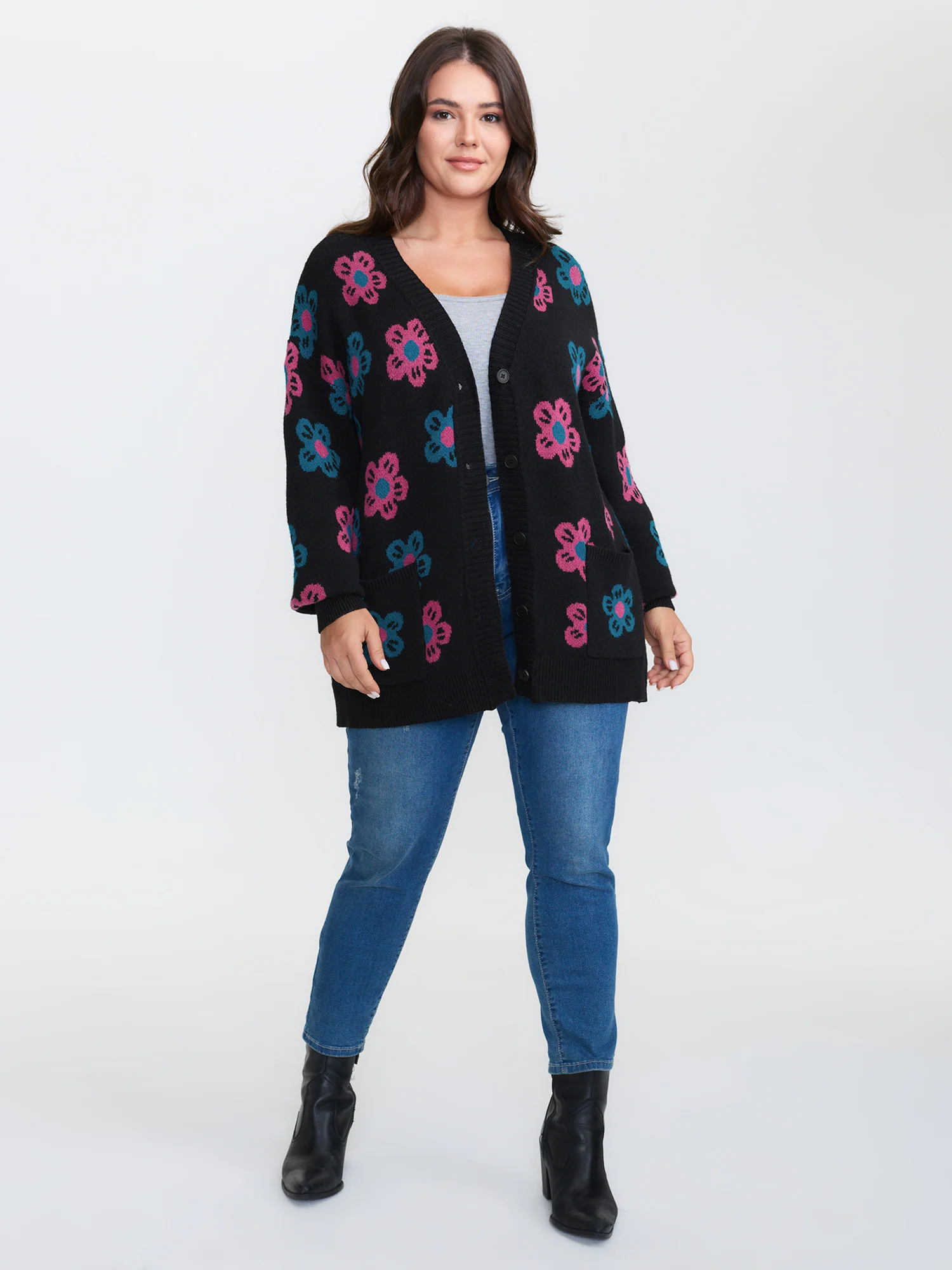 Supersoft Colorful Floral Drop Shoulder Knit Cardigan - Image 4