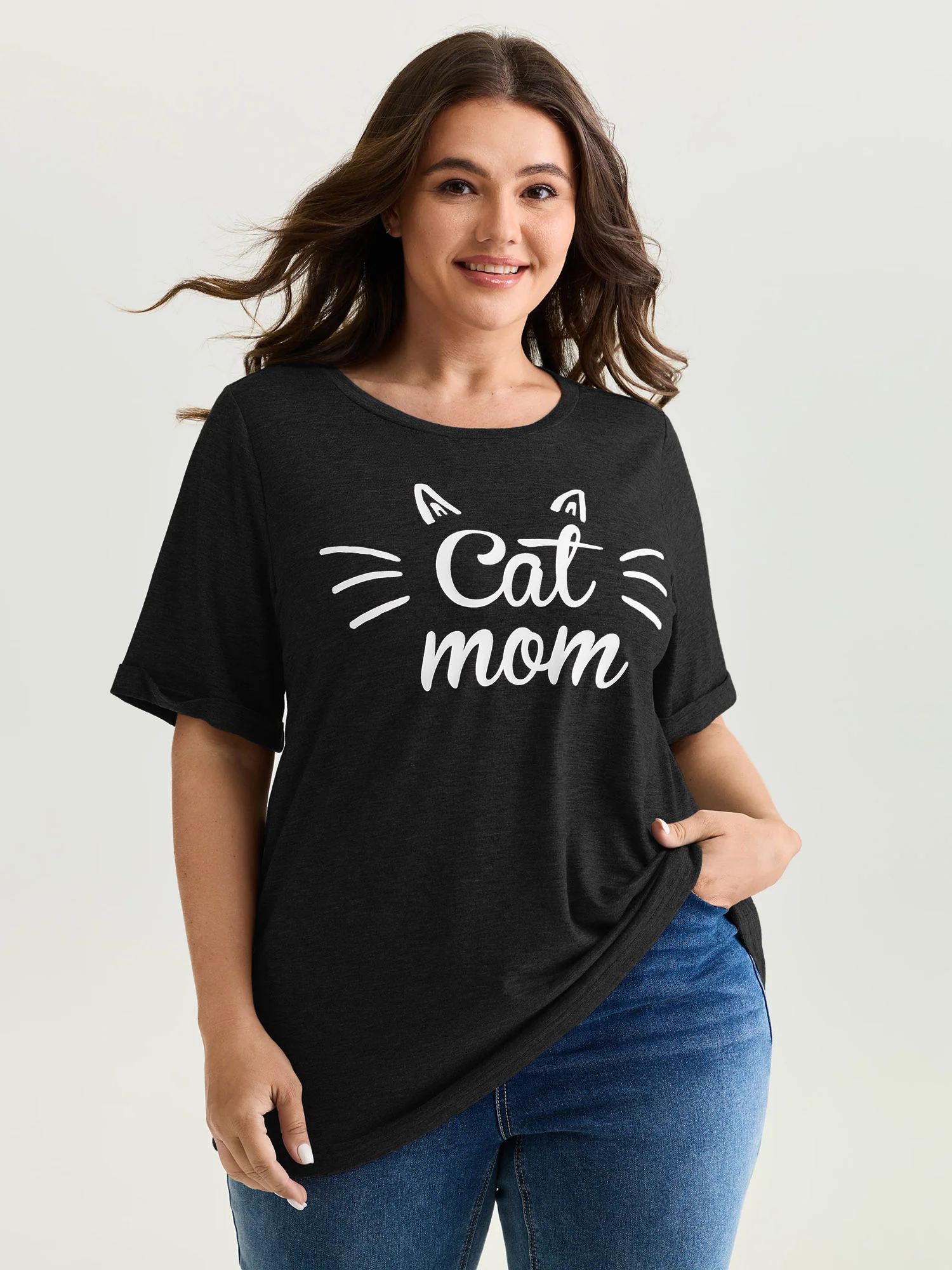 Supersoft Cute Cat Mom Round Neck T-Shirt - Image 8
