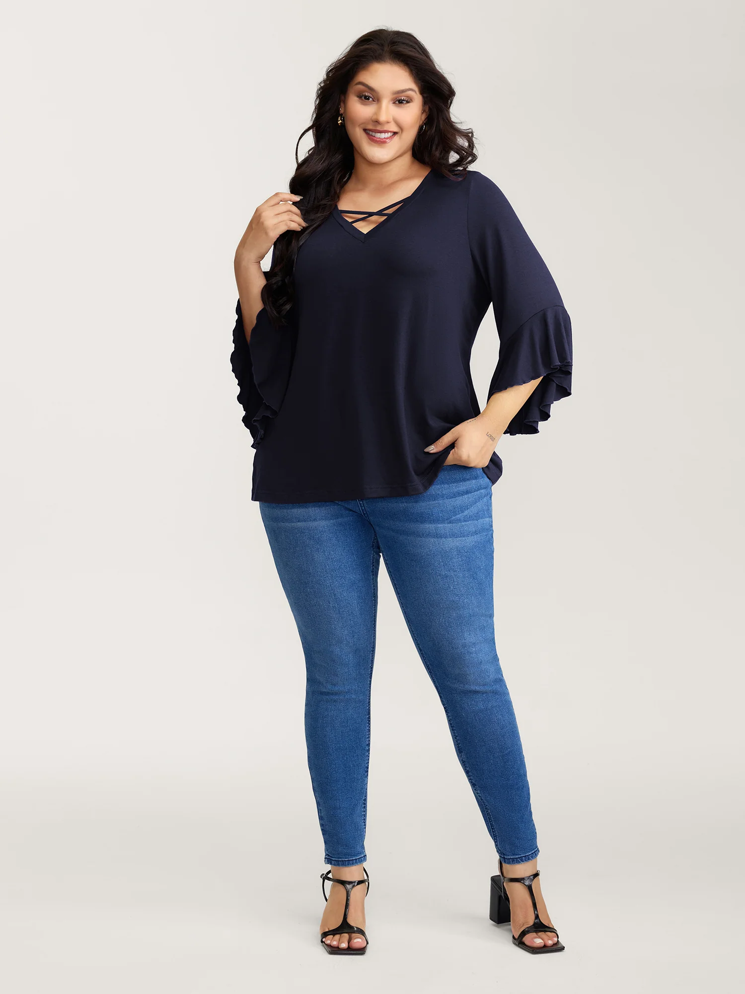 Supersoft Drawstring Neckline Ruffled Sleeve Knit Top - Image 11