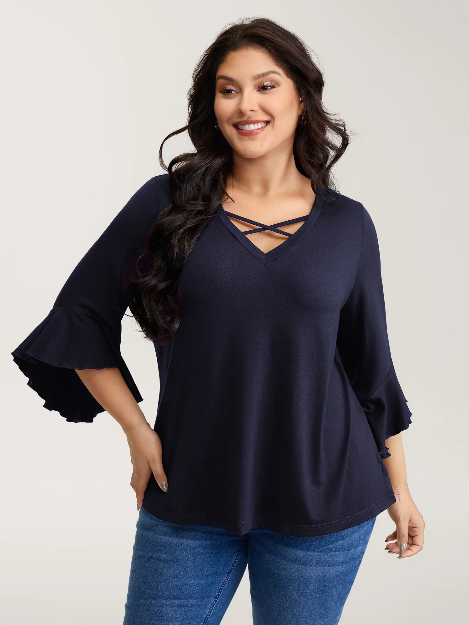 Supersoft Drawstring Neckline Ruffled Sleeve Knit Top - Image 9