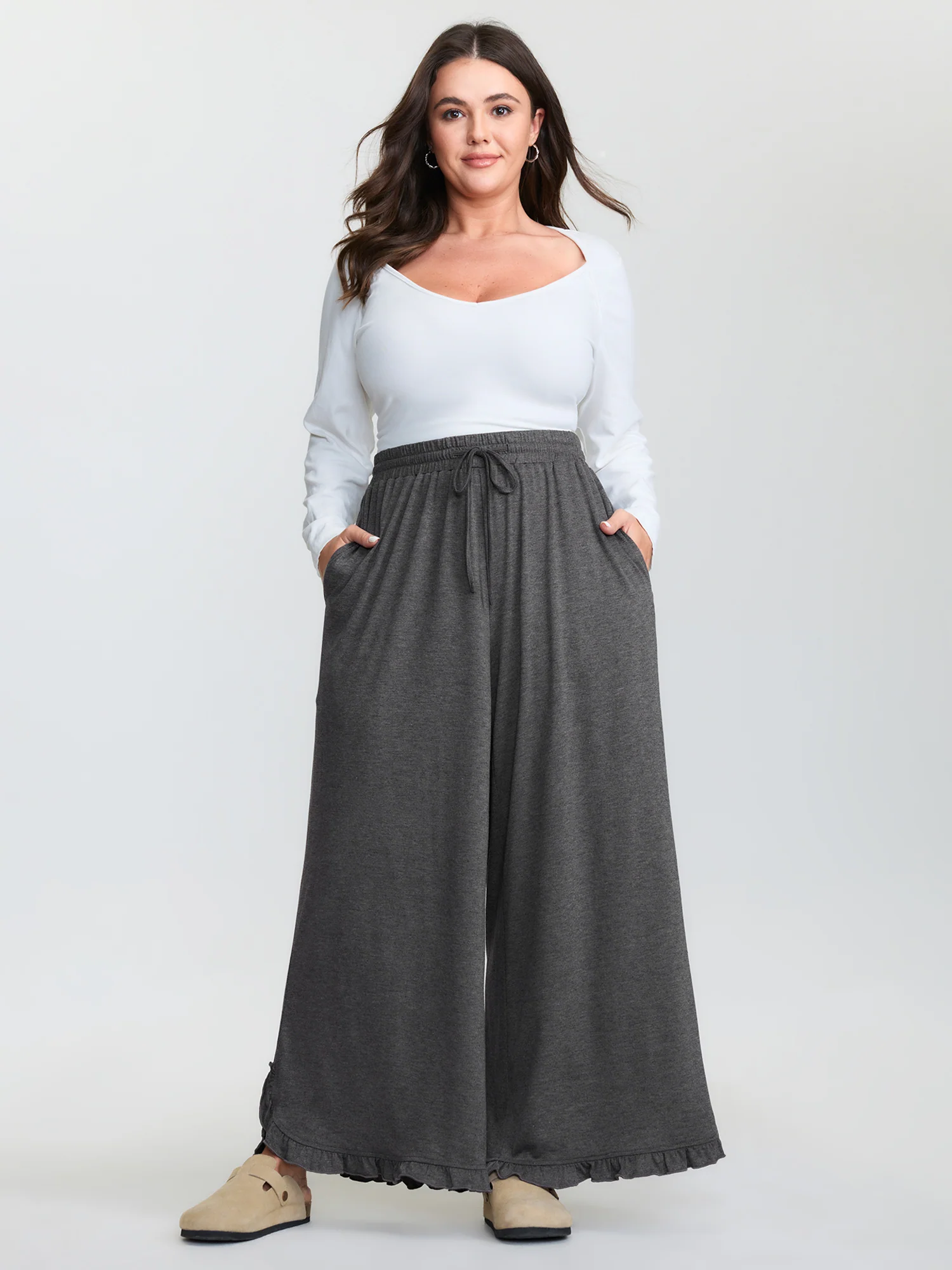 Supersoft Drawstring Waist Ruffled Hem Pants - Image 2