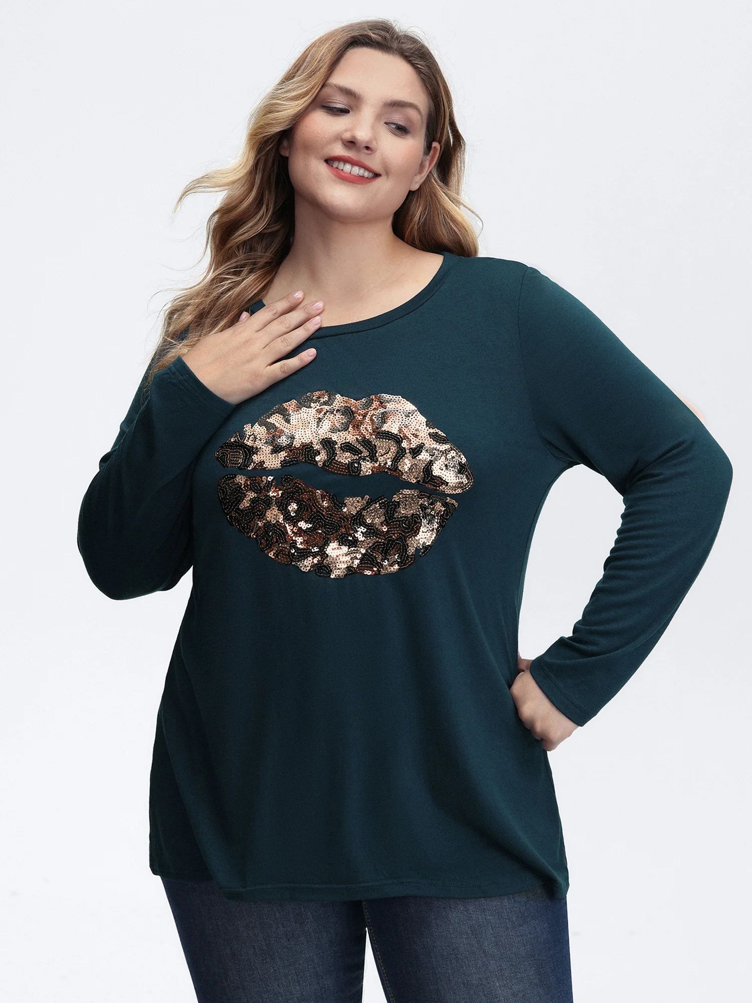 Supersoft Embroidered Leopard Lips Sequin T-Shirt - Image 2