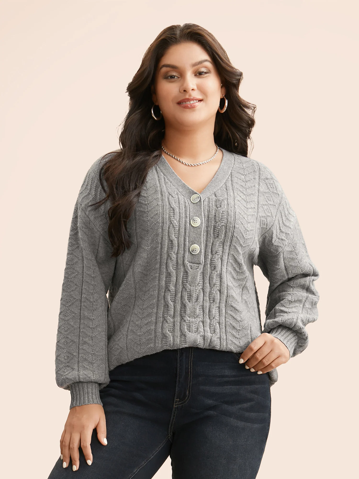 Supersoft Essentials Cable Knit Button Up Pullover - Image 3