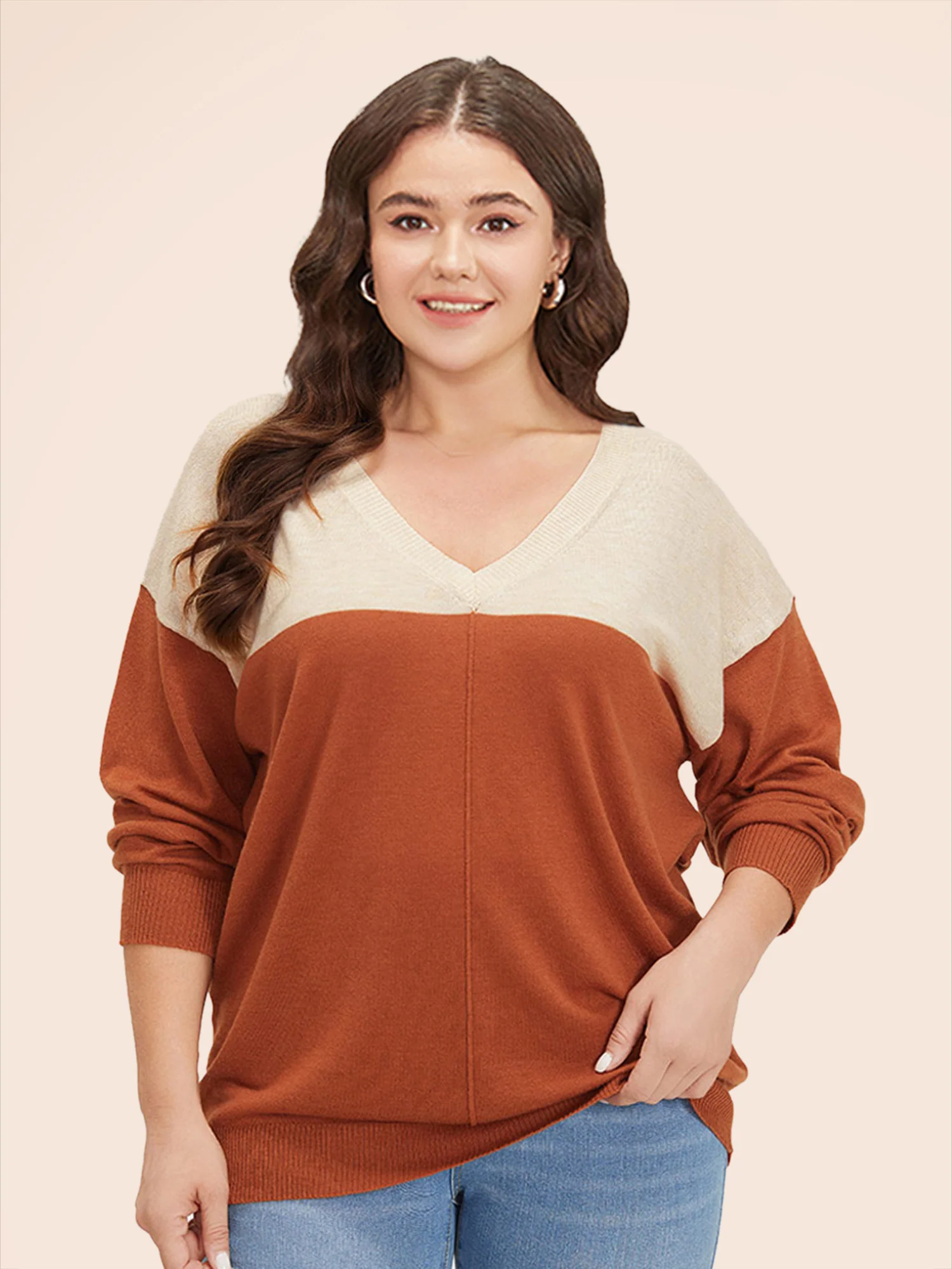 Supersoft Essentials Colorblock Two Tone Patchwork V Neck Pullover - Image 10