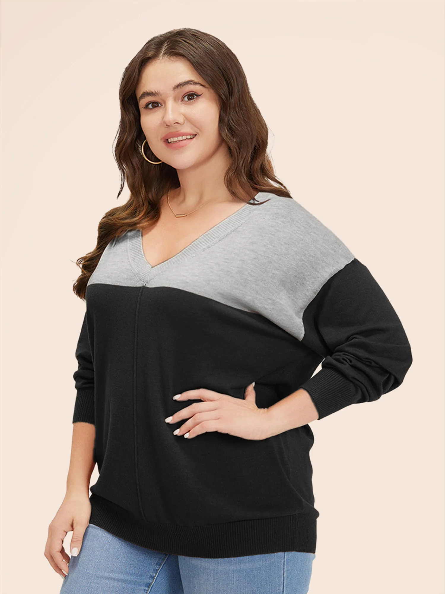 Supersoft Essentials Colorblock Two Tone Patchwork V Neck Pullover - Image 3