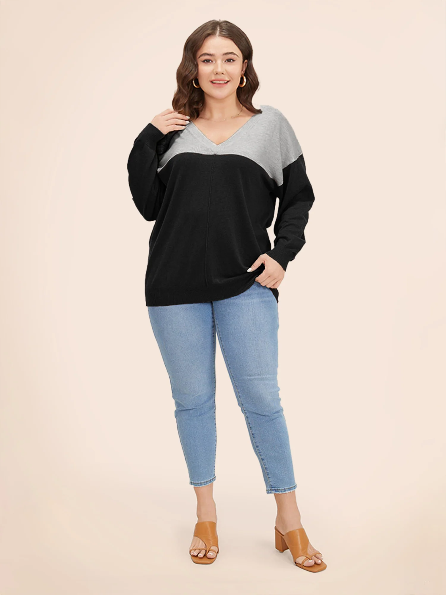 Supersoft Essentials Colorblock Two Tone Patchwork V Neck Pullover - Image 4