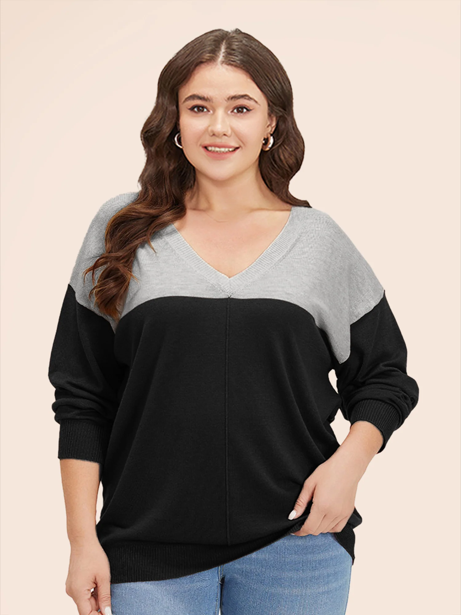 Supersoft Essentials Colorblock Two Tone Patchwork V Neck Pullover - Image 5