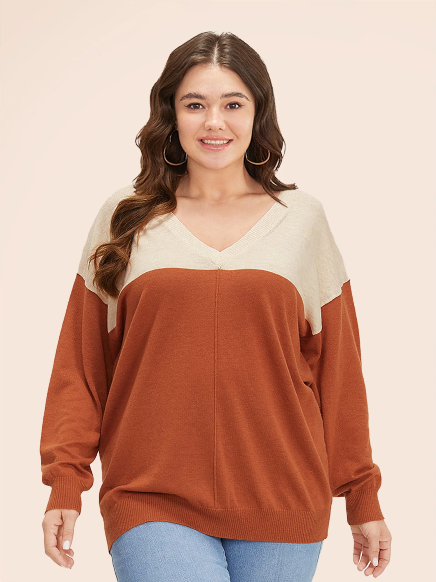Supersoft Essentials Colorblock Two Tone Patchwork V Neck Pullover - Image 6