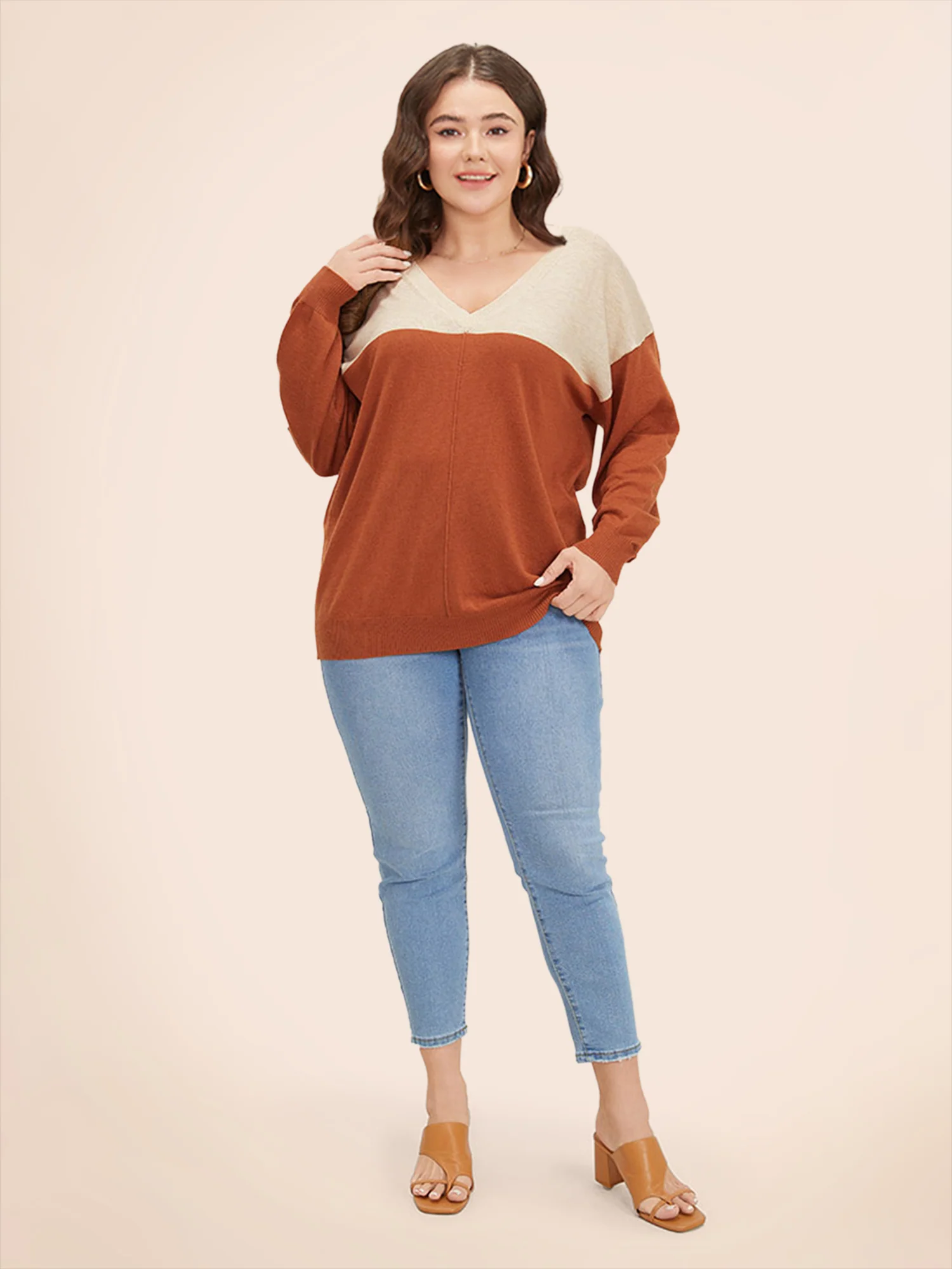 Supersoft Essentials Colorblock Two Tone Patchwork V Neck Pullover - Image 8