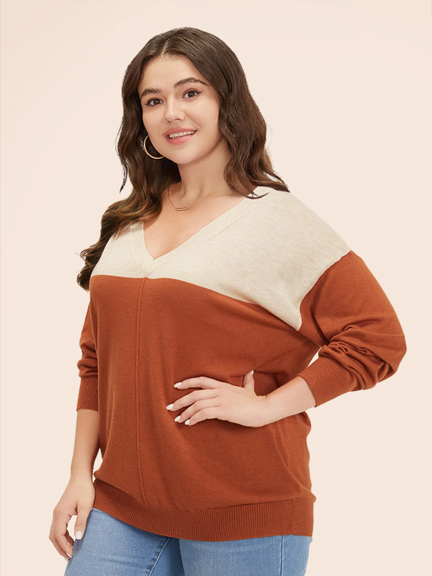 Supersoft Essentials Colorblock Two Tone Patchwork V Neck Pullover - Image 9