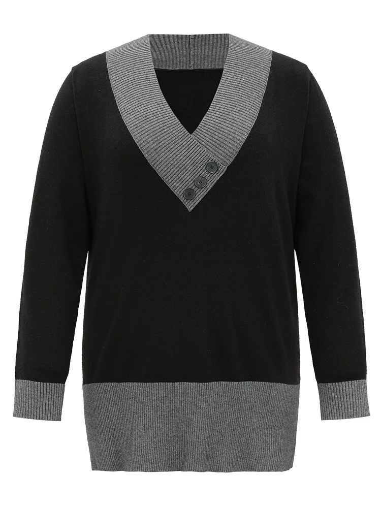 Supersoft Essentials Contrast Deep V Neck Button Detail Pullover - Image 10