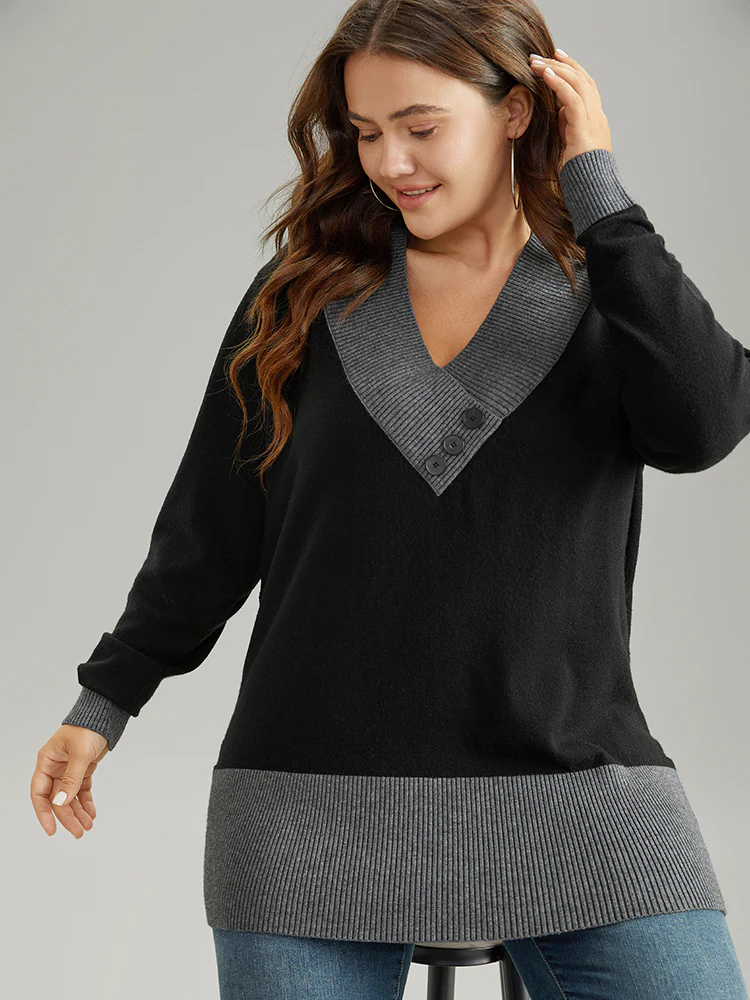 Supersoft Essentials Contrast Deep V Neck Button Detail Pullover - Image 6