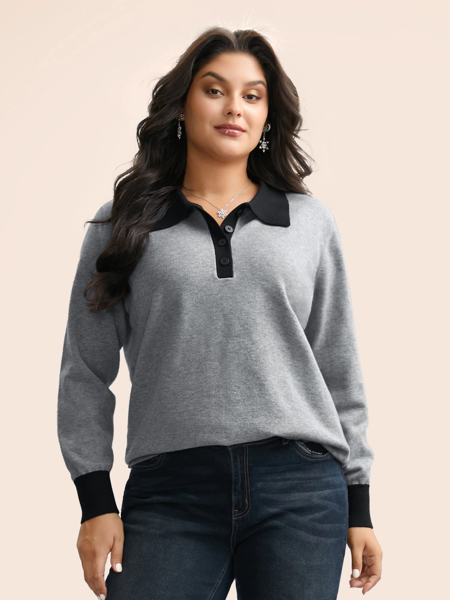 Supersoft Essentials Contrast Polo Neck Button Up Pullover - Image 3