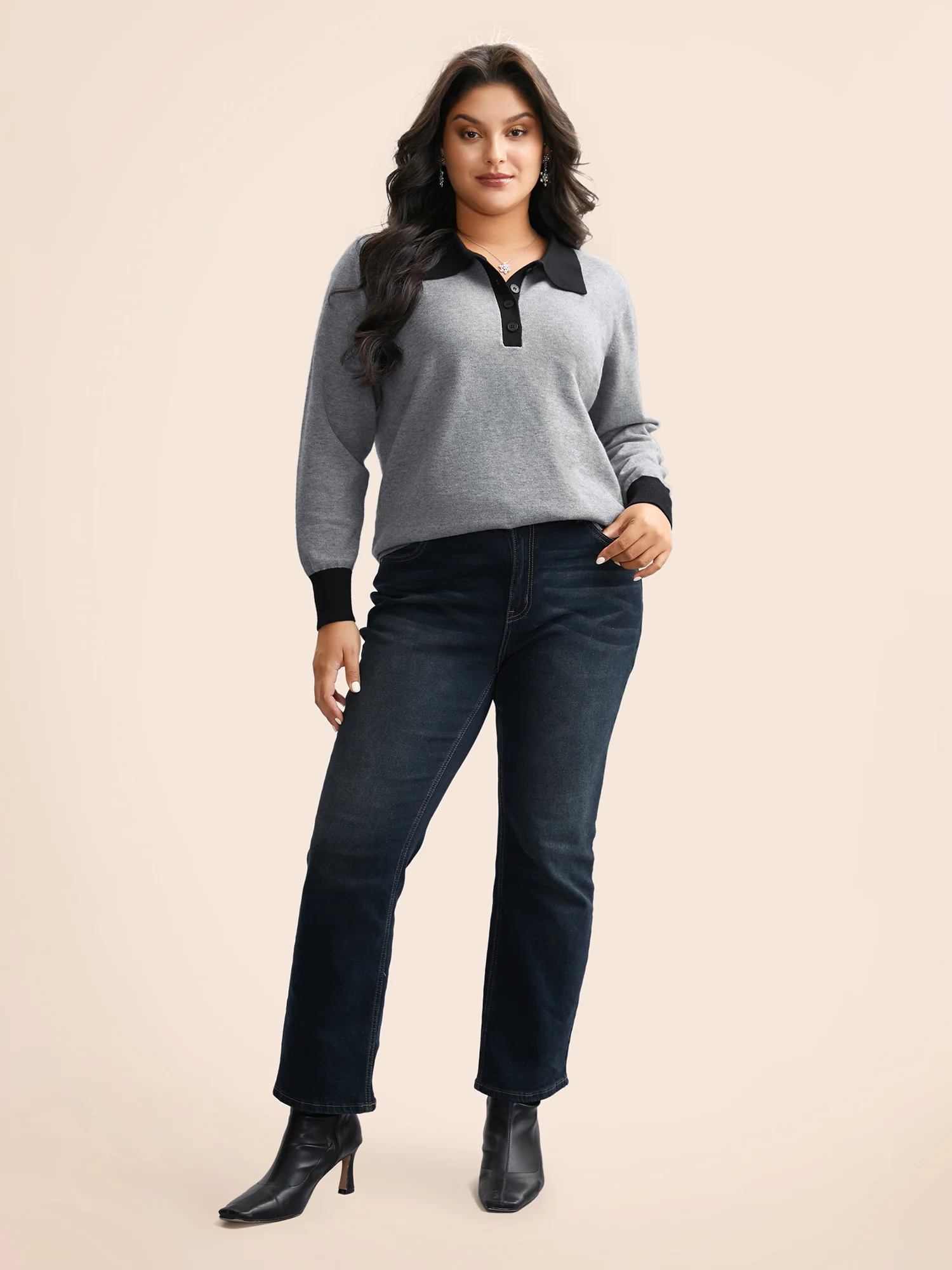 Supersoft Essentials Contrast Polo Neck Button Up Pullover - Image 4