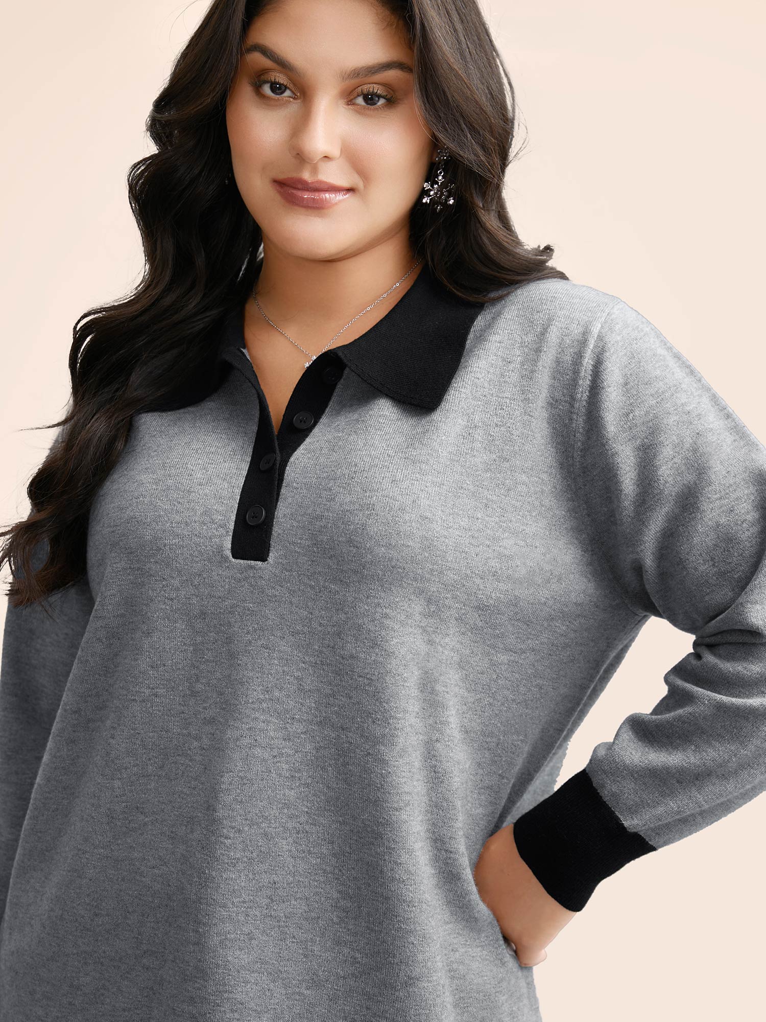 Supersoft Essentials Contrast Polo Neck Button Up Pullover - Image 5