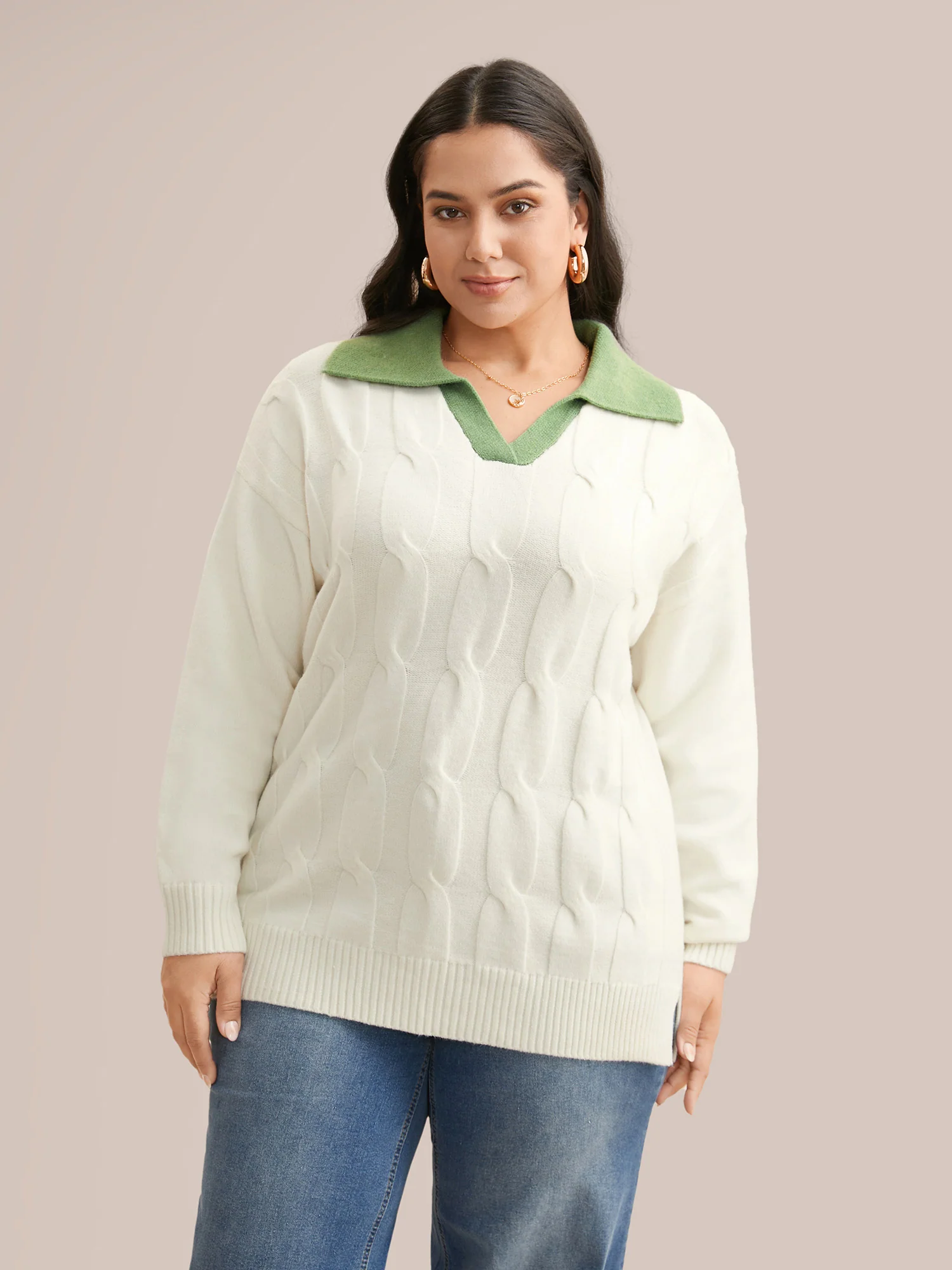 Supersoft Essentials Contrast Polo Neck Cable Knit Pullover - Image 3