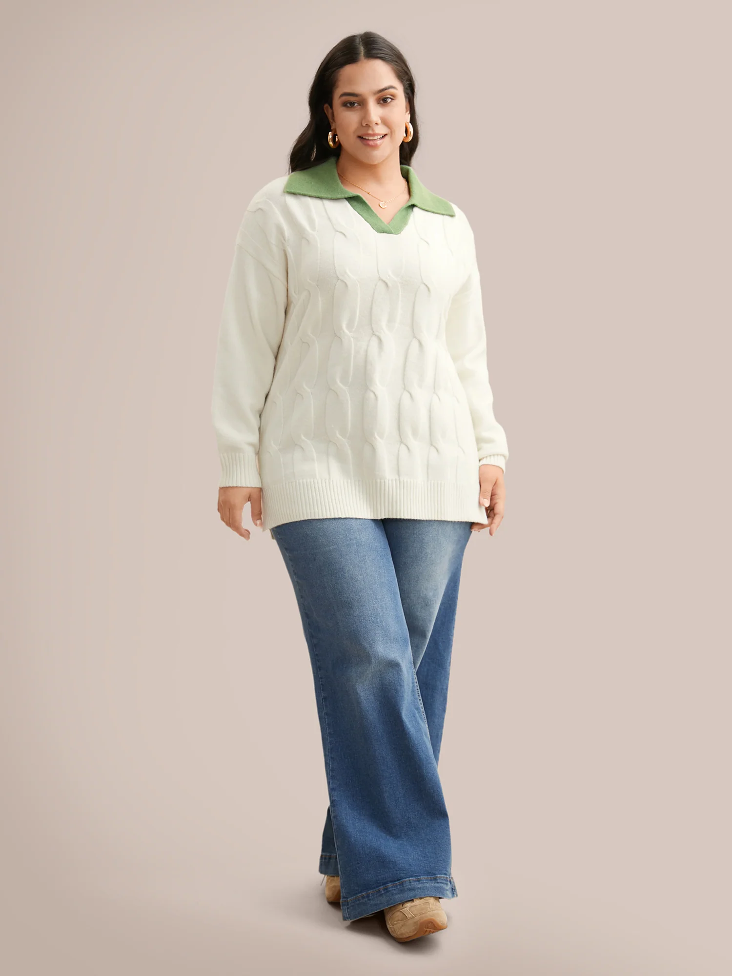 Supersoft Essentials Contrast Polo Neck Cable Knit Pullover - Image 4