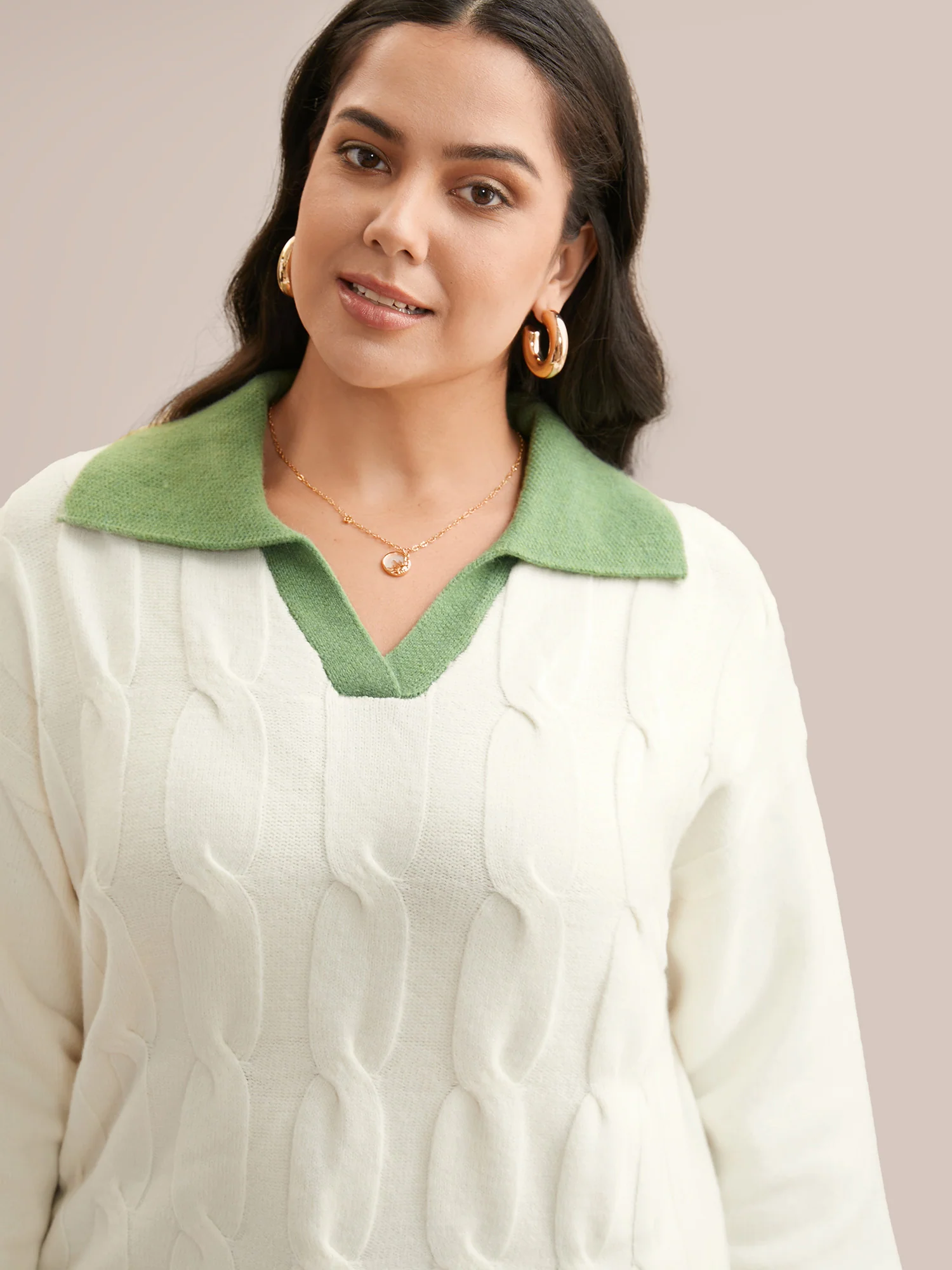 Supersoft Essentials Contrast Polo Neck Cable Knit Pullover - Image 5
