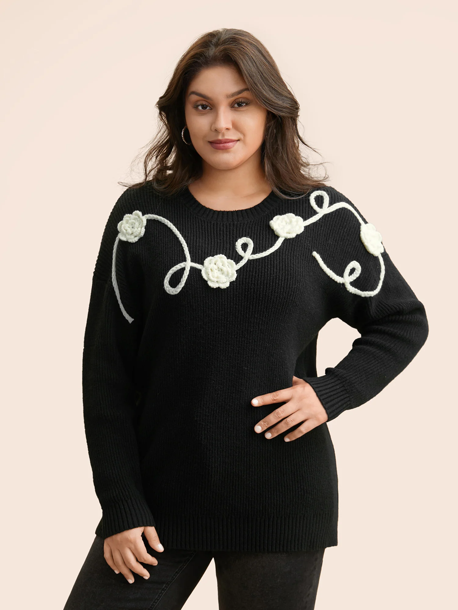Supersoft Essentials Crochet Floral Drop Shoulder Pullover - Image 3