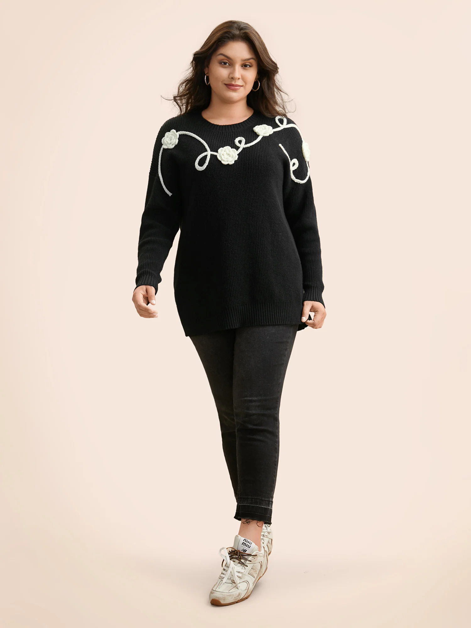Supersoft Essentials Crochet Floral Drop Shoulder Pullover - Image 4