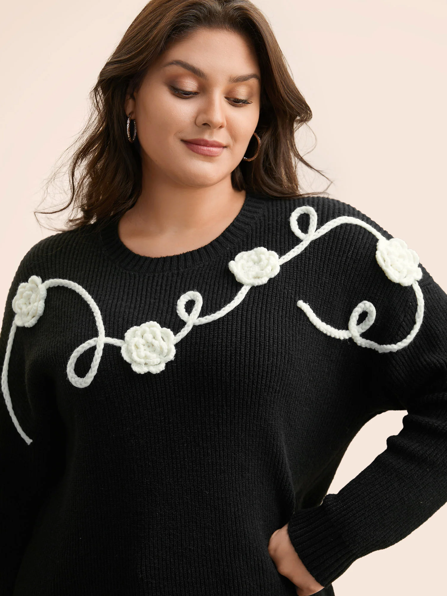 Supersoft Essentials Crochet Floral Drop Shoulder Pullover - Image 5