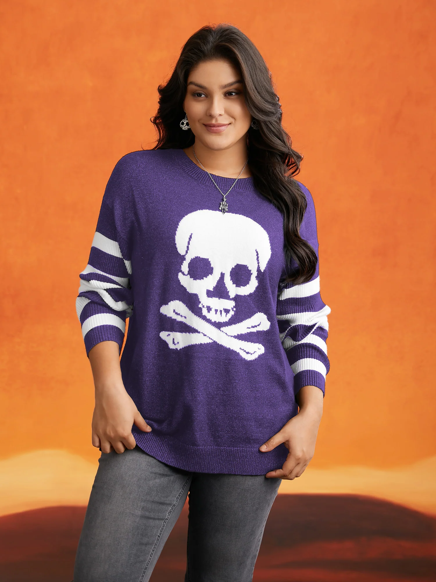 Supersoft Essentials Gothic Skull Striped Sleeves Pullover - Image 5