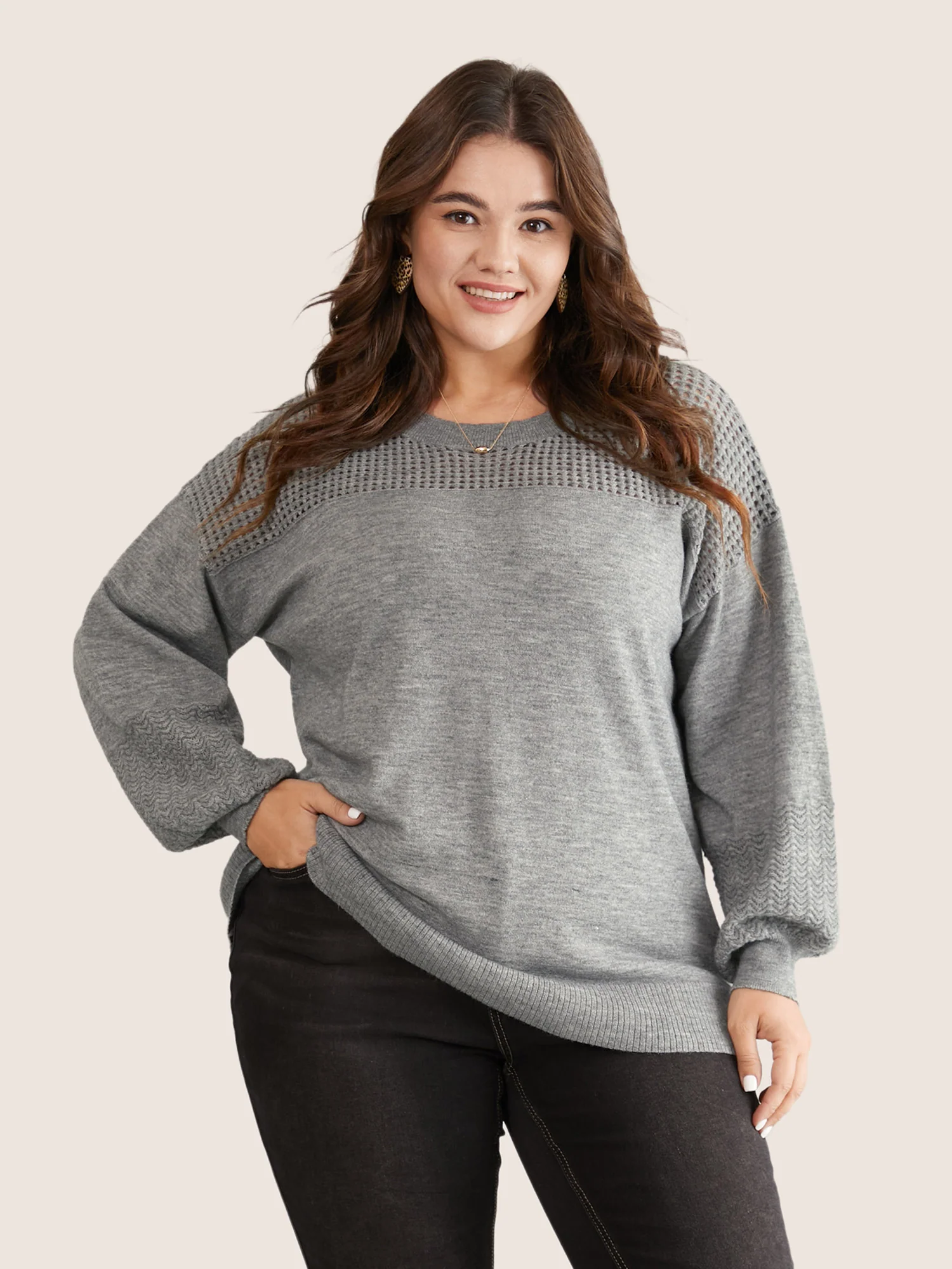 Supersoft Essentials Plain Hollow Out Puff Sleeve Pullover - Image 3