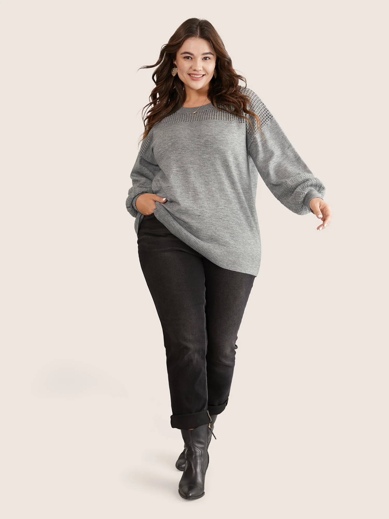 Supersoft Essentials Plain Hollow Out Puff Sleeve Pullover - Image 4