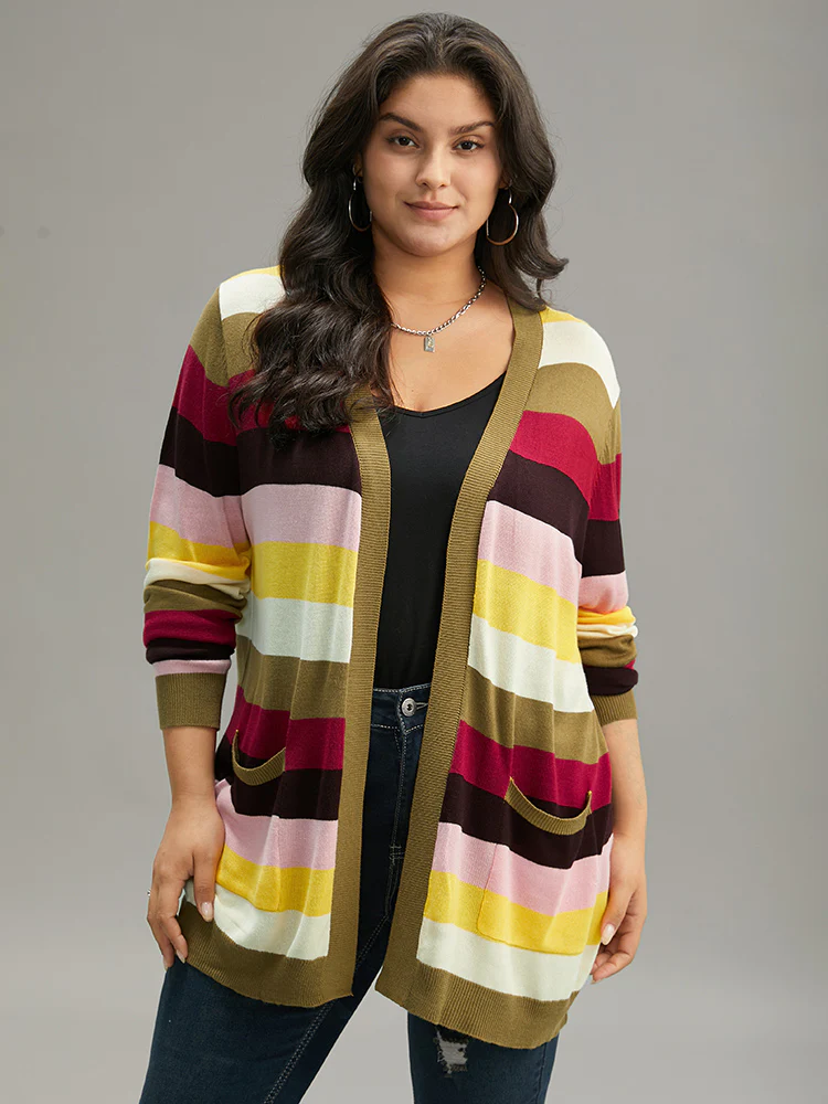 Supersoft Essentials Rainbow Striped Patched Pocket Open Front Cardigan - Image 4
