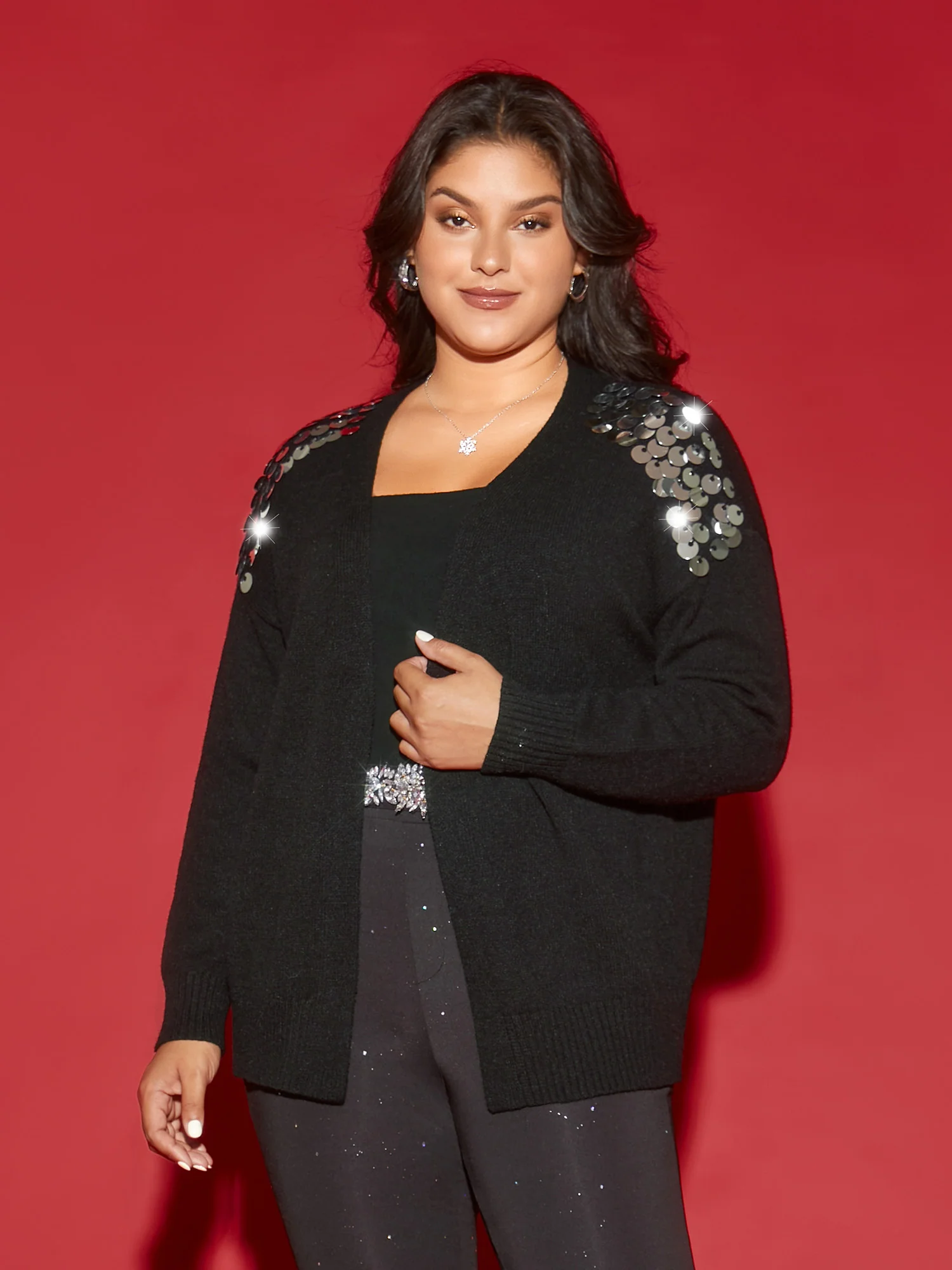 Supersoft Essentials Silver Sequins Shoulder Open Cardigan - Image 3