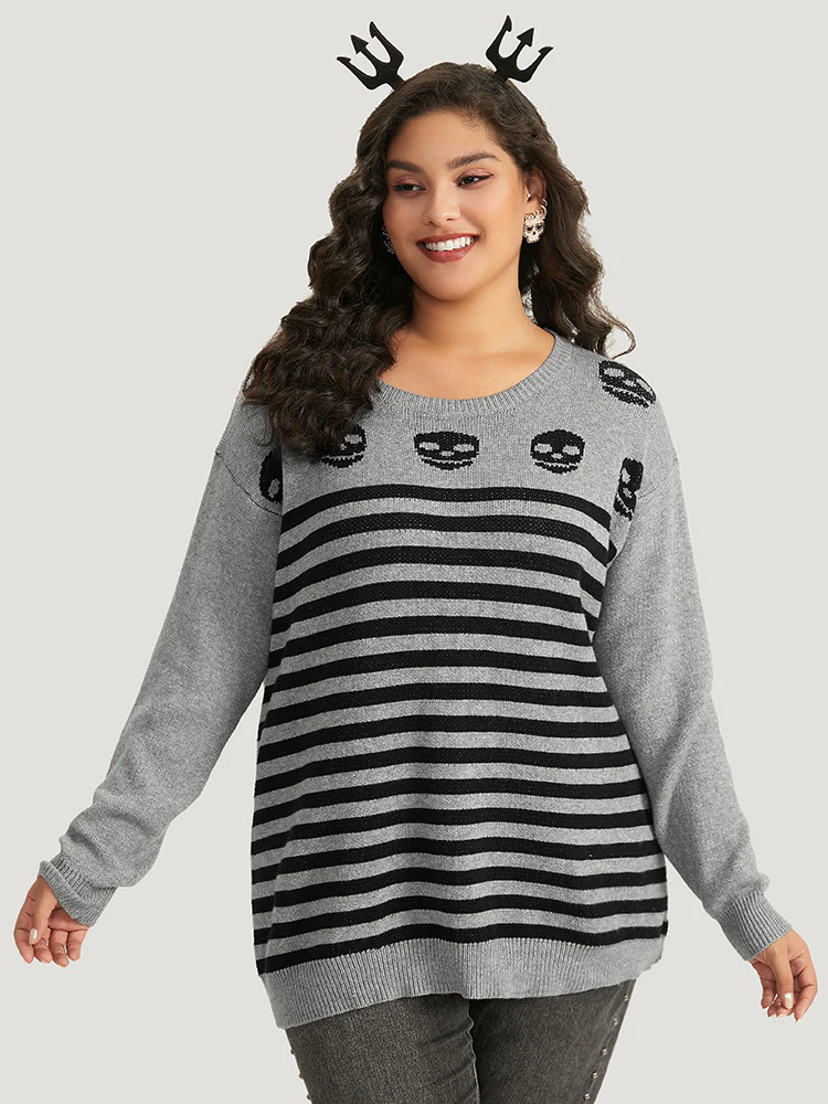 Halloween Supersoft Essentials Skull Print Striped Round Neck Pullover