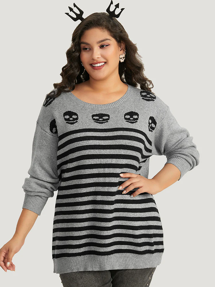 Halloween Supersoft Essentials Skull Print Striped Round Neck Pullover - Image 3