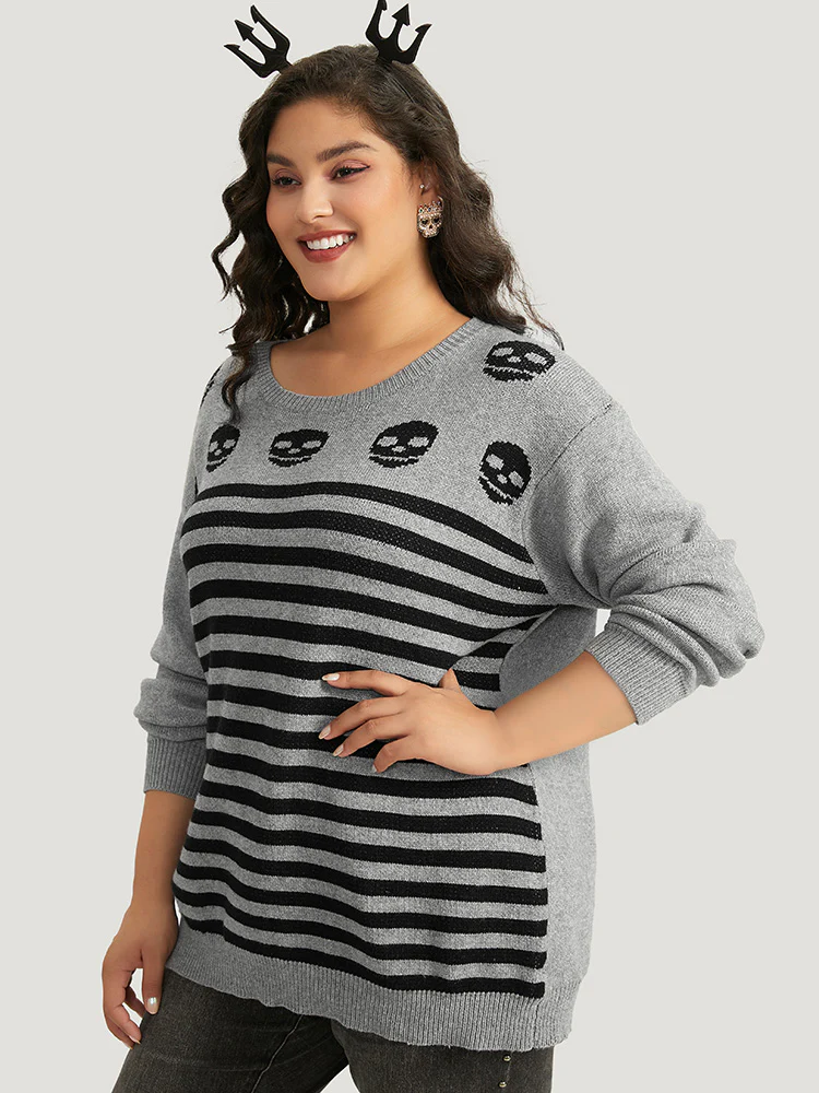 Halloween Supersoft Essentials Skull Print Striped Round Neck Pullover - Image 4