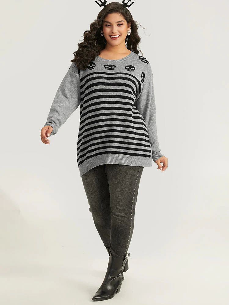 Halloween Supersoft Essentials Skull Print Striped Round Neck Pullover - Image 5
