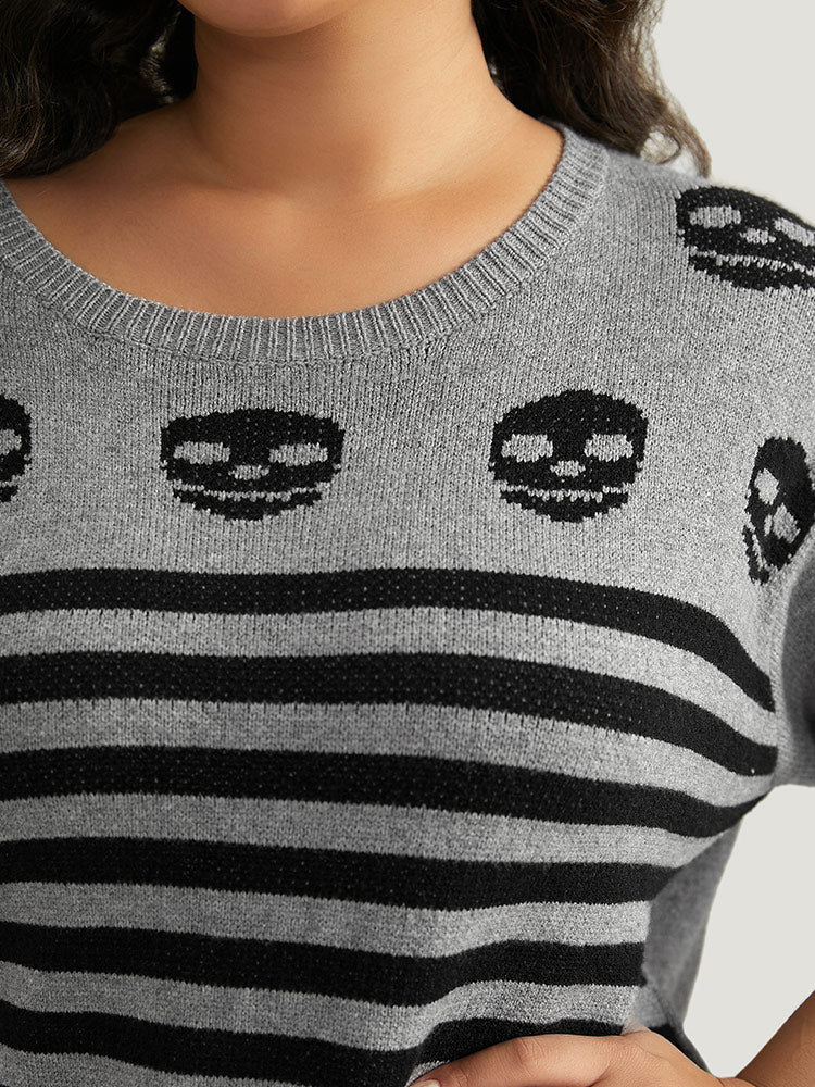 Halloween Supersoft Essentials Skull Print Striped Round Neck Pullover - Image 6