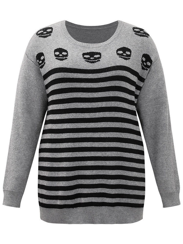 Halloween Supersoft Essentials Skull Print Striped Round Neck Pullover - Image 7