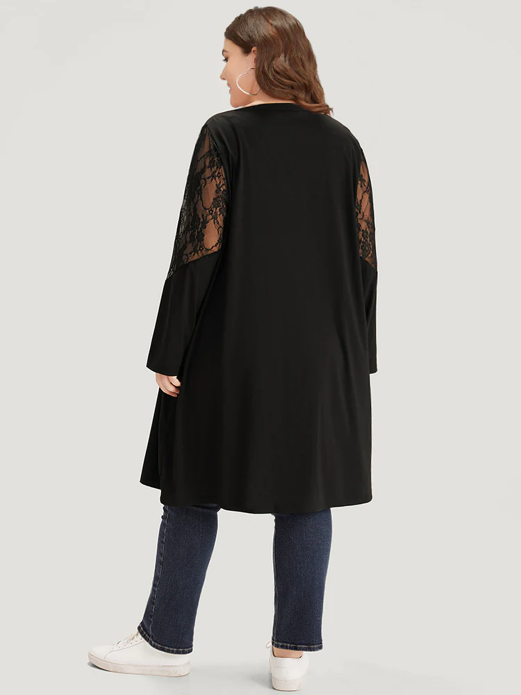 Supersoft Essentials Solid Crochet Lace Mesh Drape Open Front Coat - Image 2