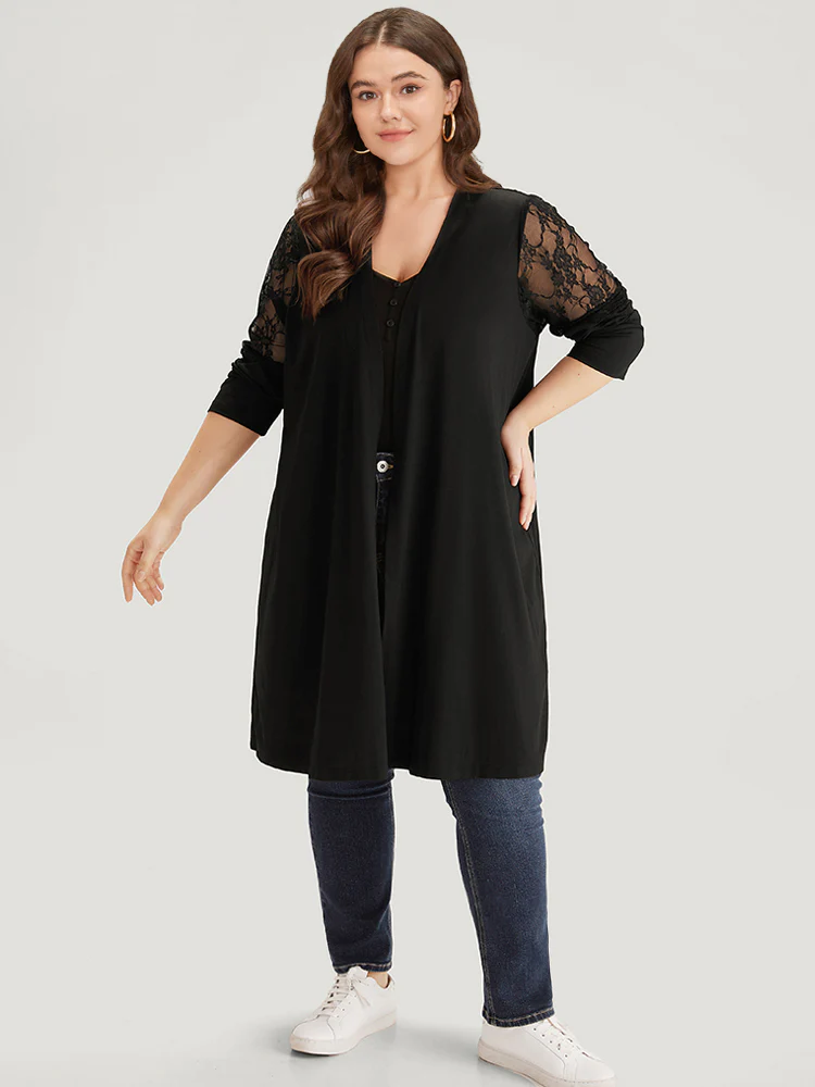 Supersoft Essentials Solid Crochet Lace Mesh Drape Open Front Coat - Image 3