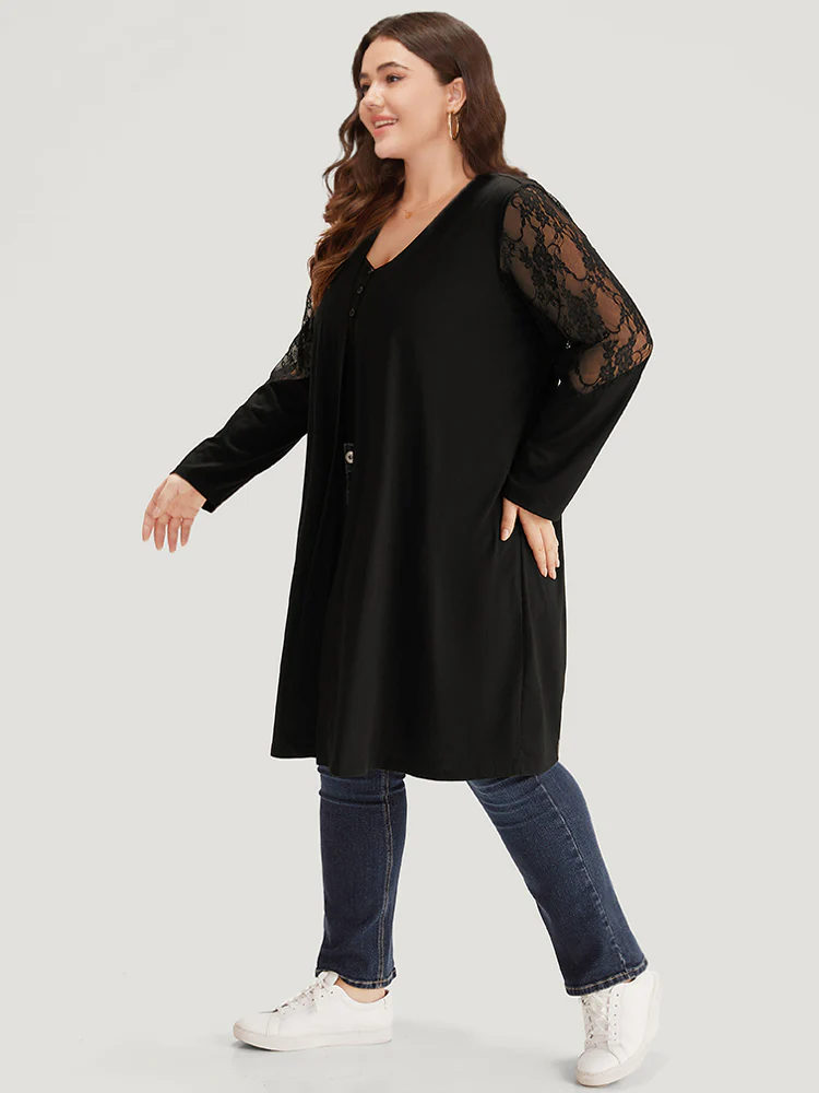Supersoft Essentials Solid Crochet Lace Mesh Drape Open Front Coat - Image 4