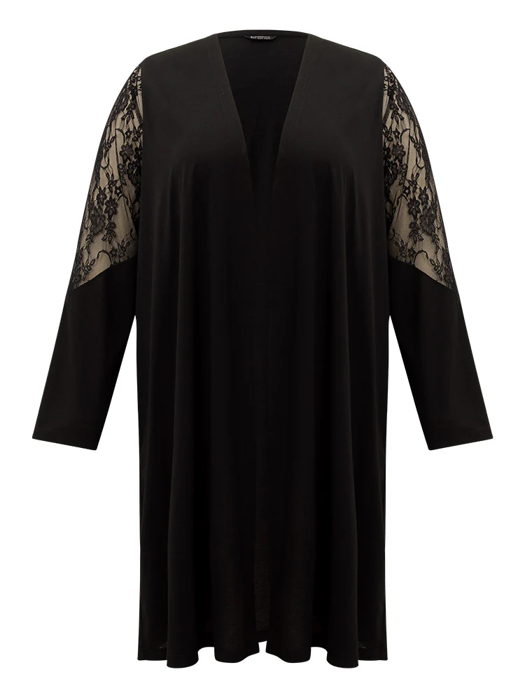 Supersoft Essentials Solid Crochet Lace Mesh Drape Open Front Coat - Image 7