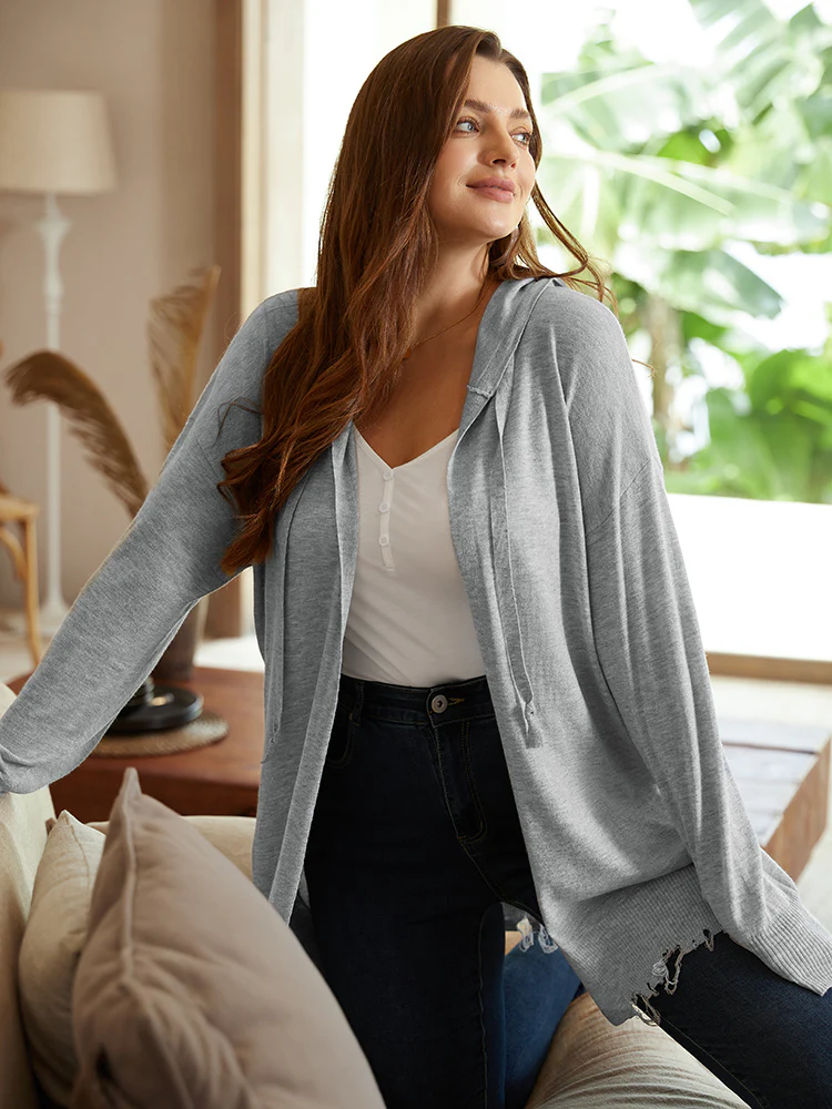 Supersoft Essentials Solid Hooded Raw Hem Drawstring Cardigan - Image 3