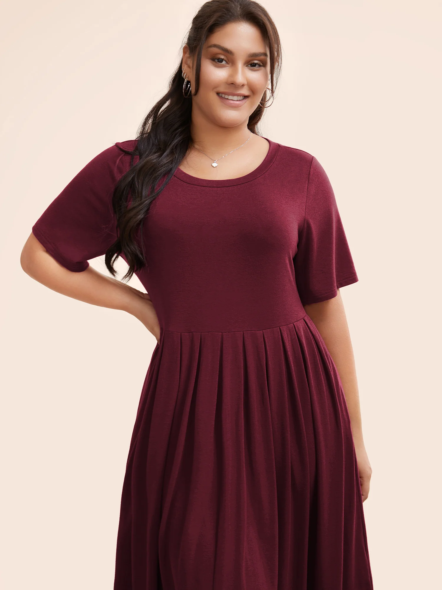 Supersoft Essentials Solid Pleated Round Neck Midi Dress - Image 10