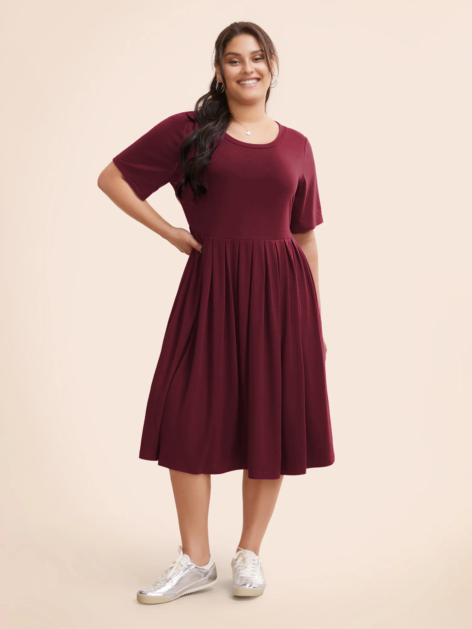 Supersoft Essentials Solid Pleated Round Neck Midi Dress - Image 11