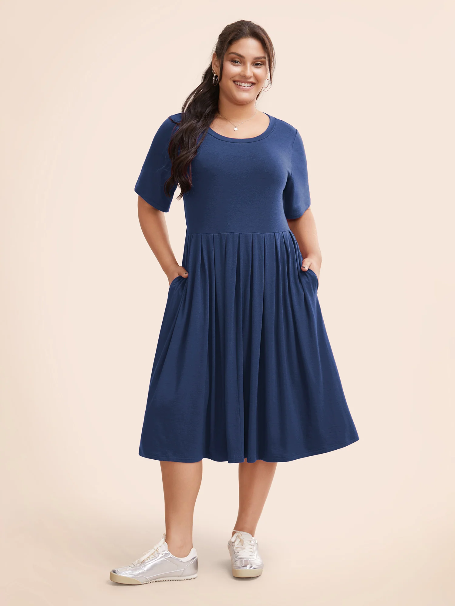 Supersoft Essentials Solid Pleated Round Neck Midi Dress - Image 5