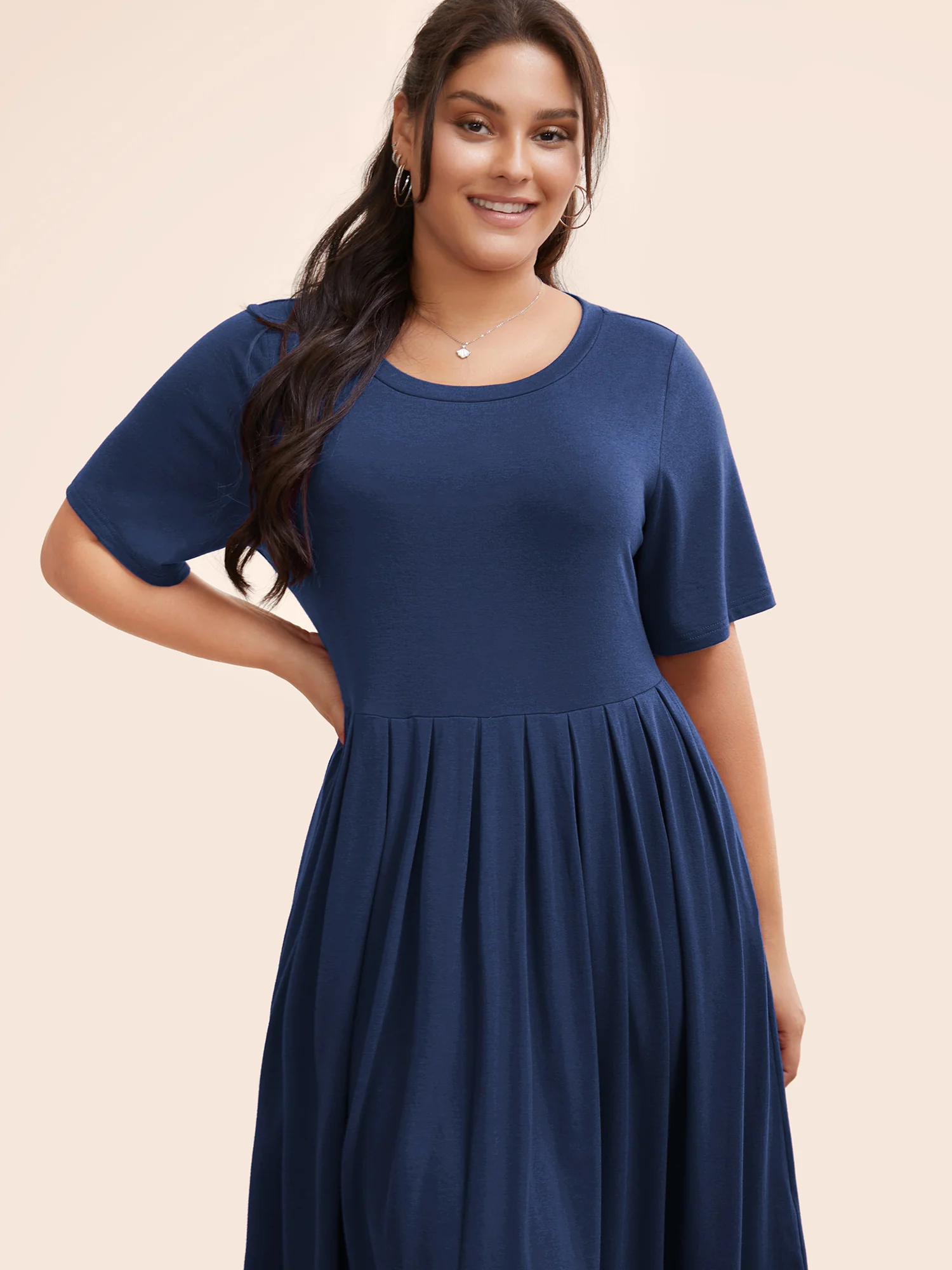 Supersoft Essentials Solid Pleated Round Neck Midi Dress - Image 6