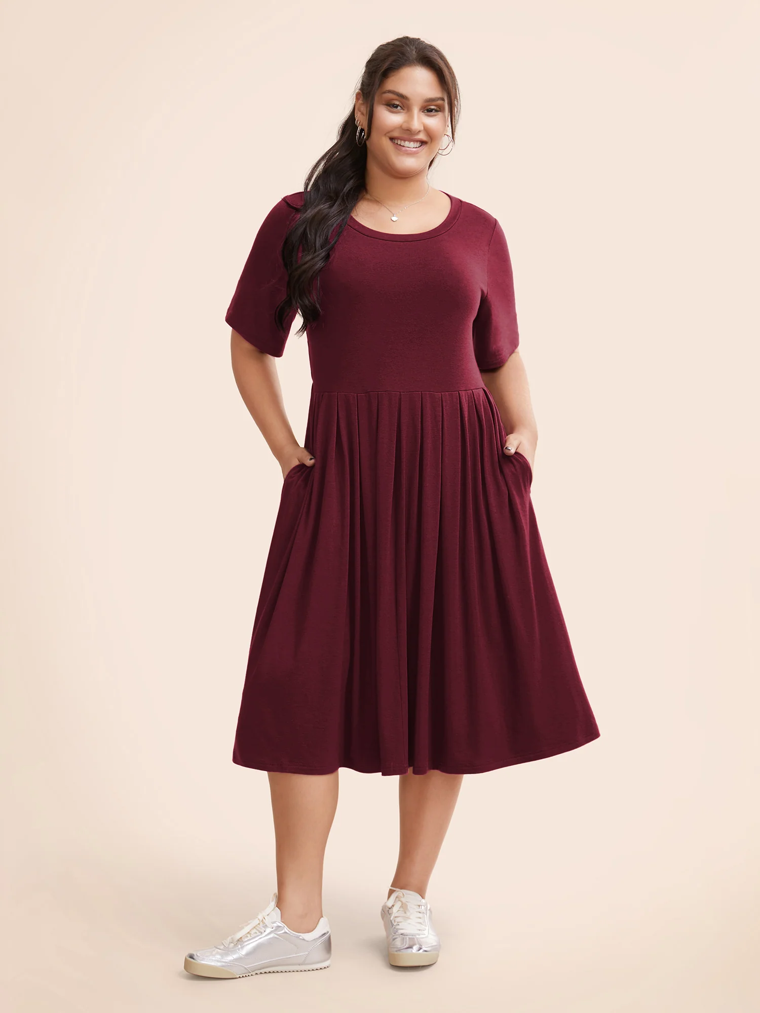 Supersoft Essentials Solid Pleated Round Neck Midi Dress - Image 9
