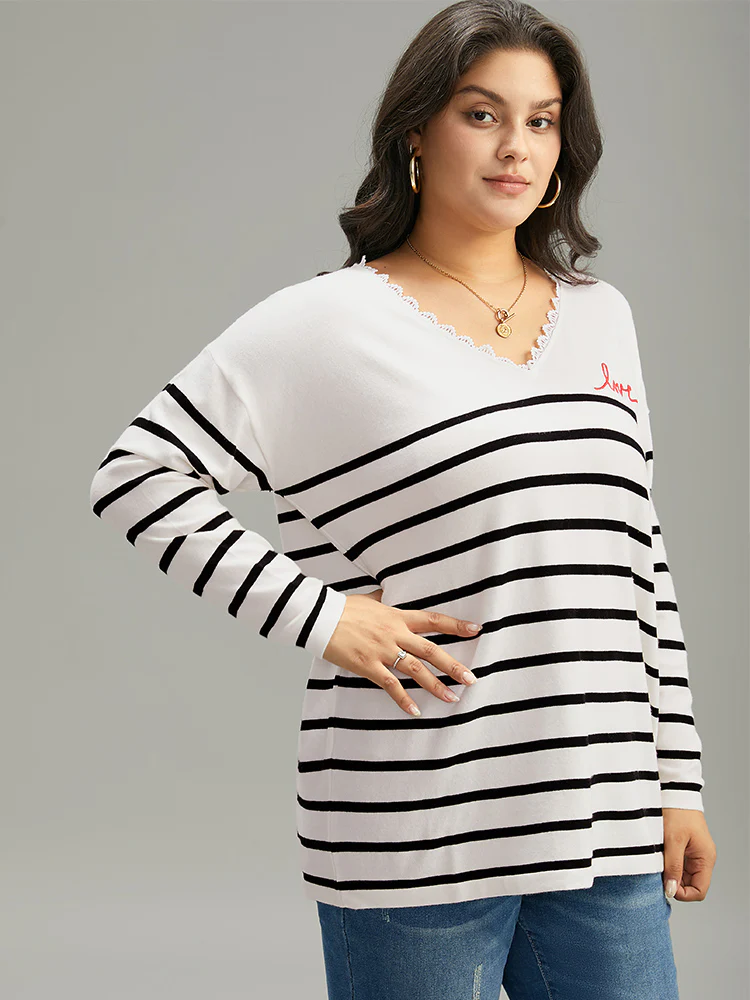 Supersoft Essentials Striped Letter Embroidered Lace Panel Pullover - Image 4